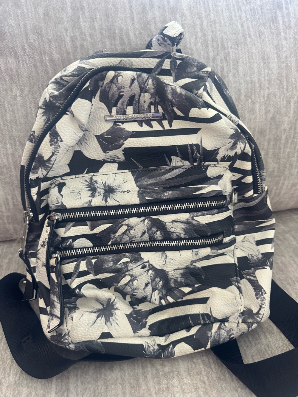 Steve Madden Black & White Floral Stripe Mini Backpack